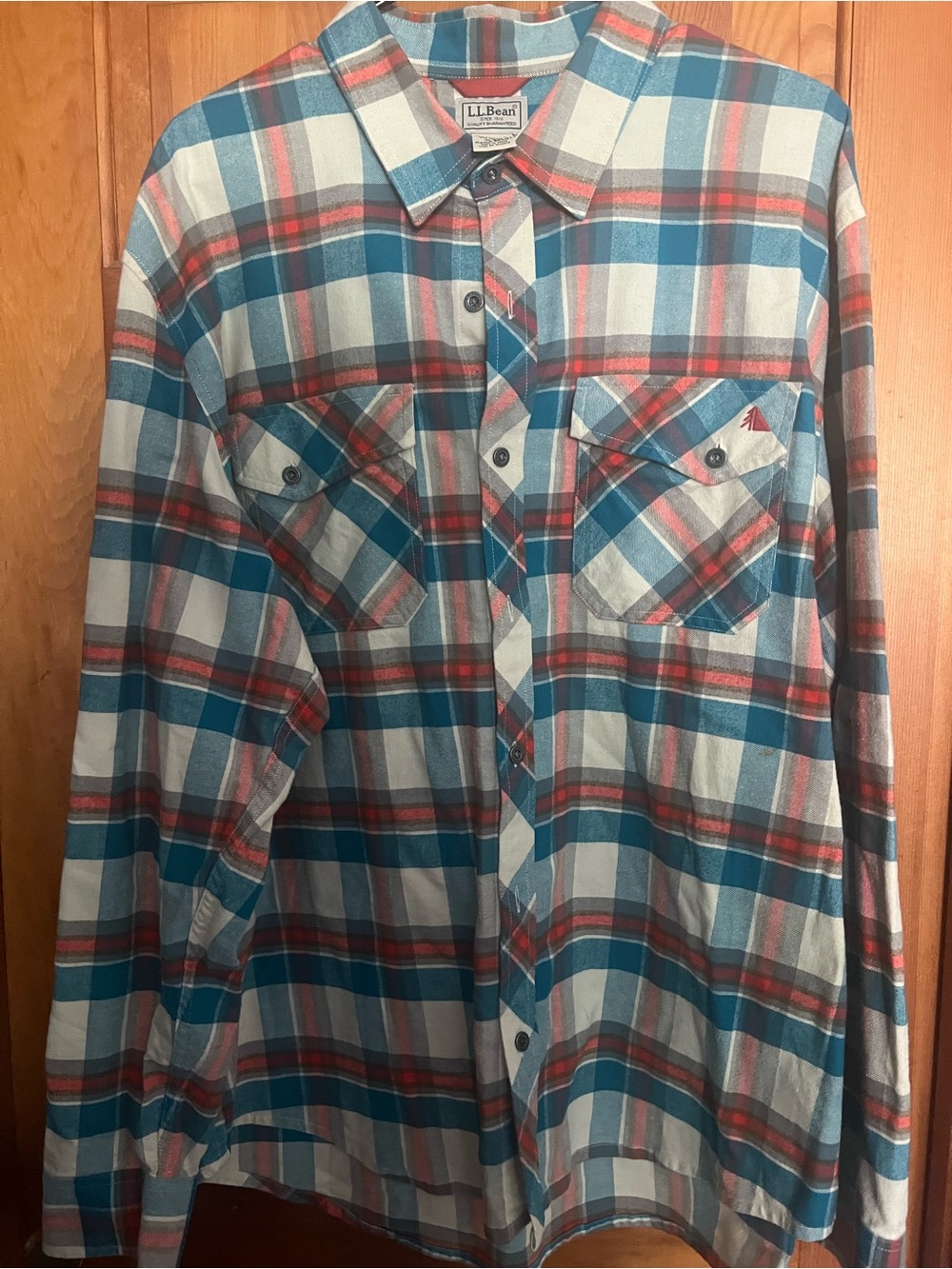 L.L. Bean Blue, Red & White Plaid Button-Down Flannel Shirt